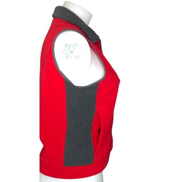Eddie Bauer Vest Small Unisex Red Gray Micro-Fleece Zip Pockets Drawstring Waist - Picture 3 of 8